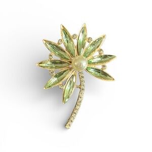 Green Floral Rhinestone Brooch NWT